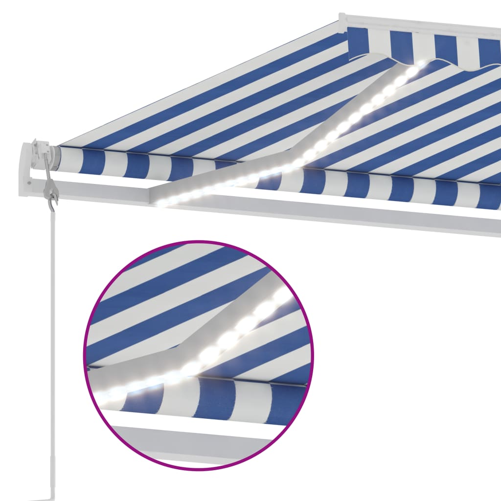 Auvent automatique capteur de vent/LED 300x250 cm Bleu et blanc