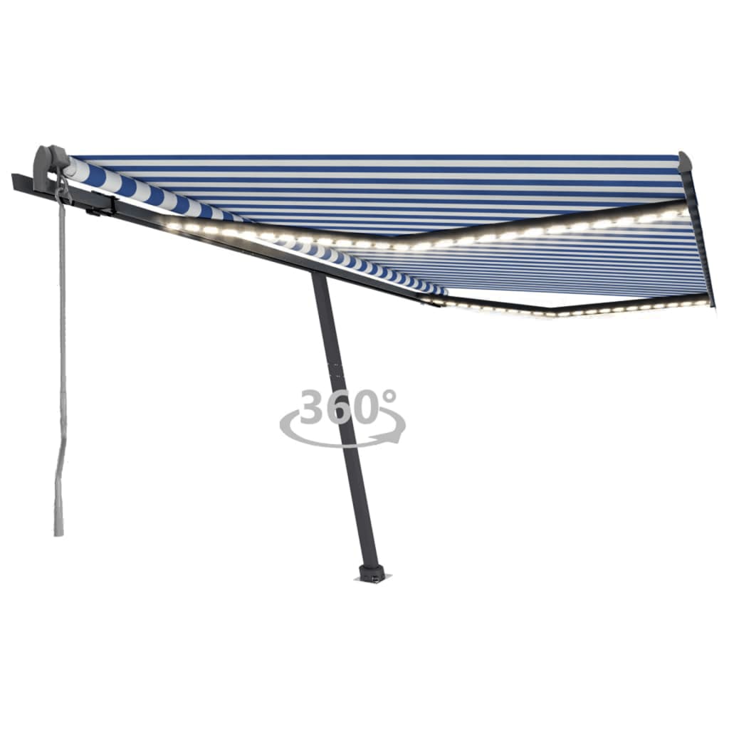 Auvent automatique capteur de vent/LED 400x300 cm Bleu et blanc