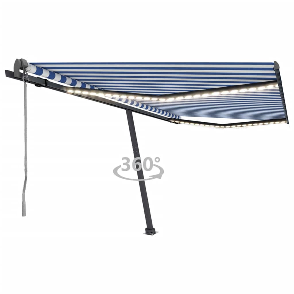 Auvent automatique capteur de vent/LED 450x300 cm Bleu et blanc