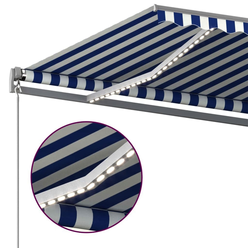 Auvent automatique capteur de vent/LED 450x300 cm Bleu et blanc