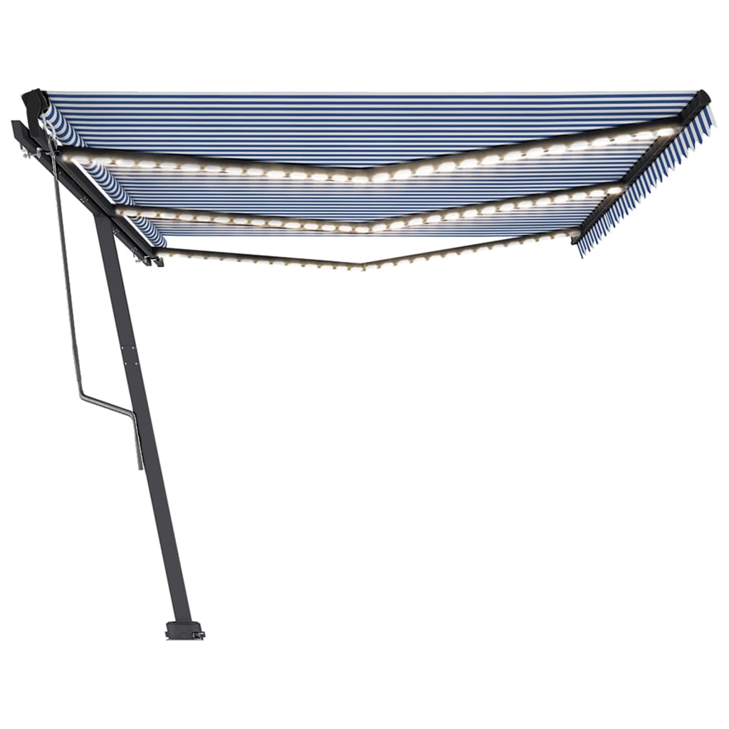 Auvent automatique capteur de vent LED 600x350 cm Bleu et blanc