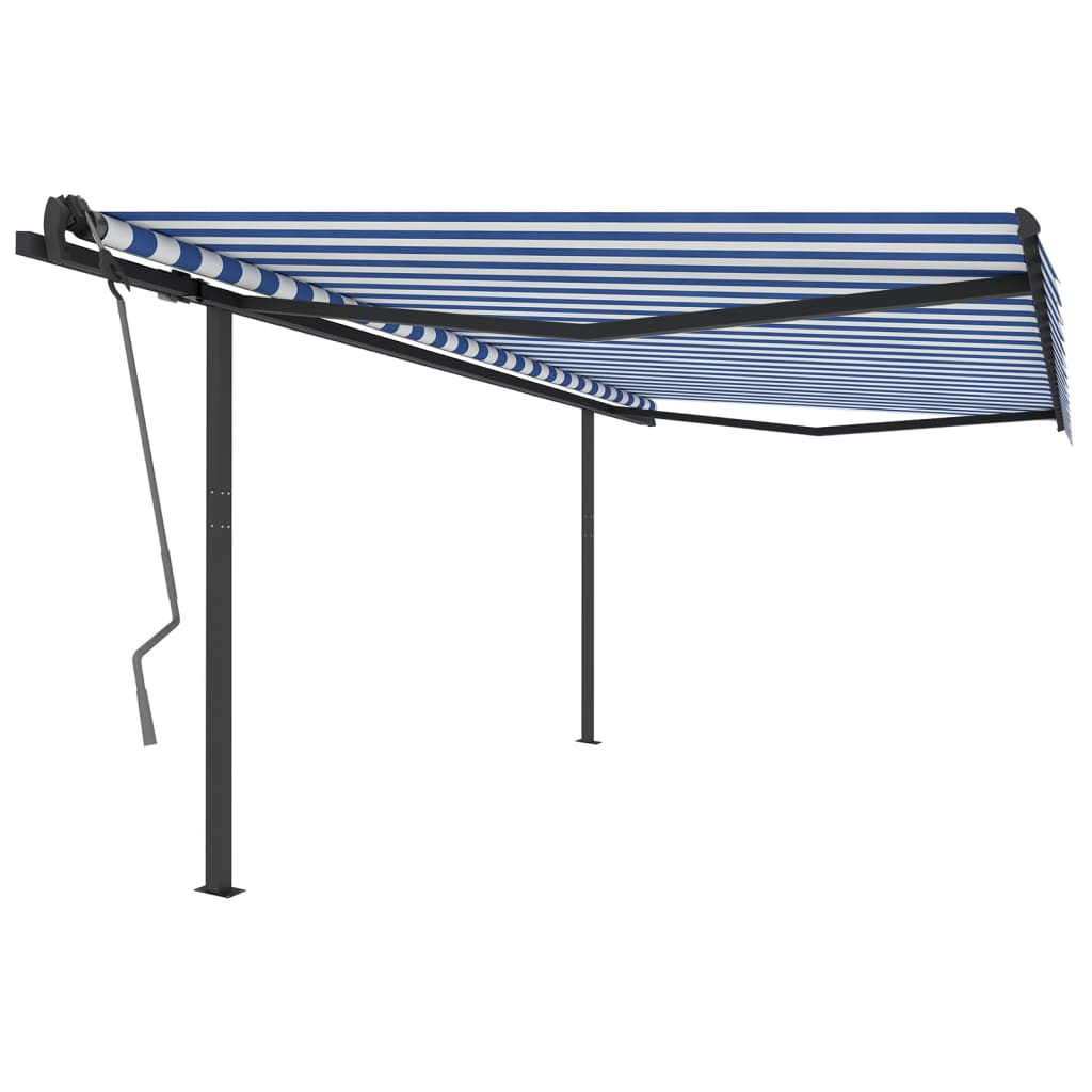 Manual retractable awning with poles 4x3 m Blue and white