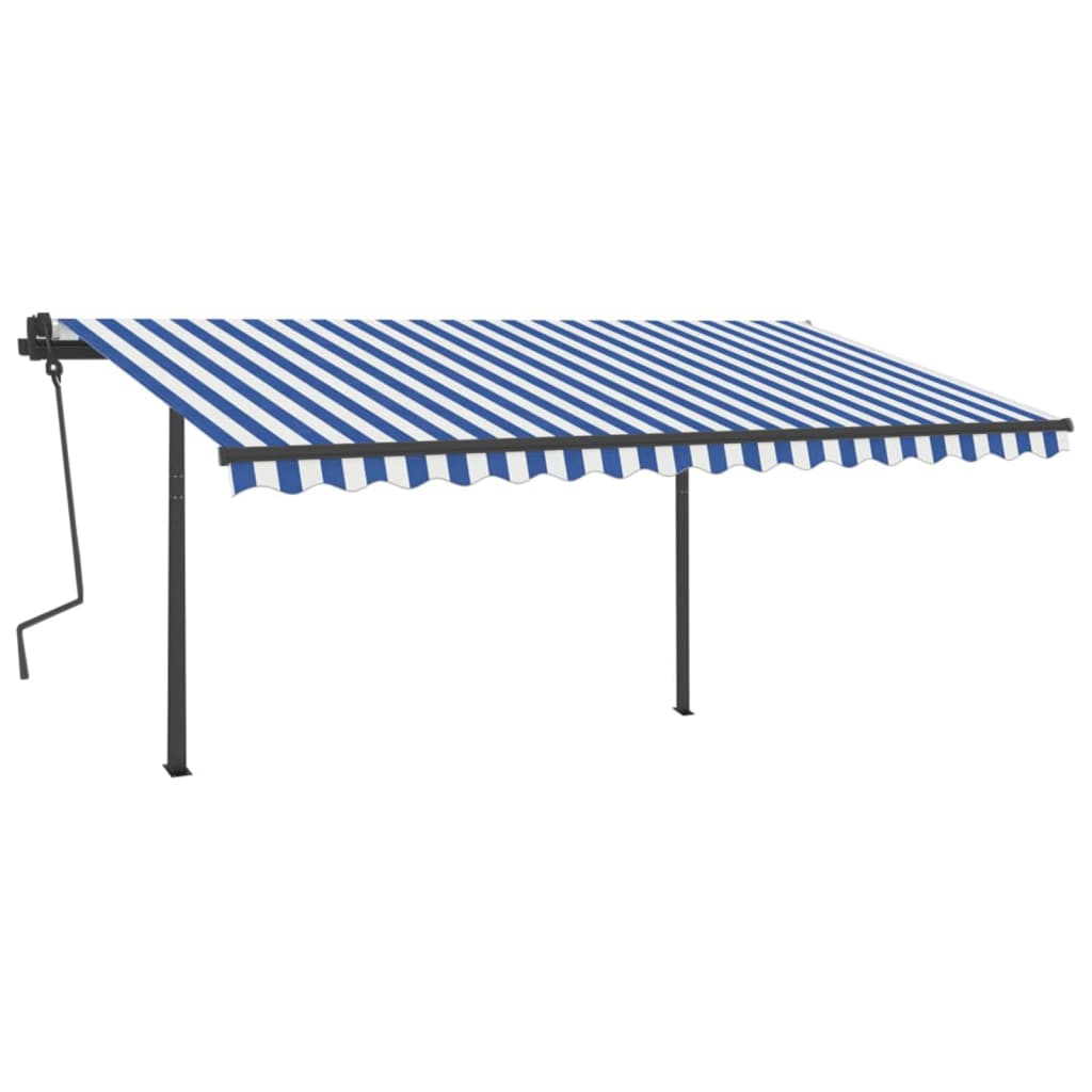 Manual retractable awning with poles 4x3 m Blue and white