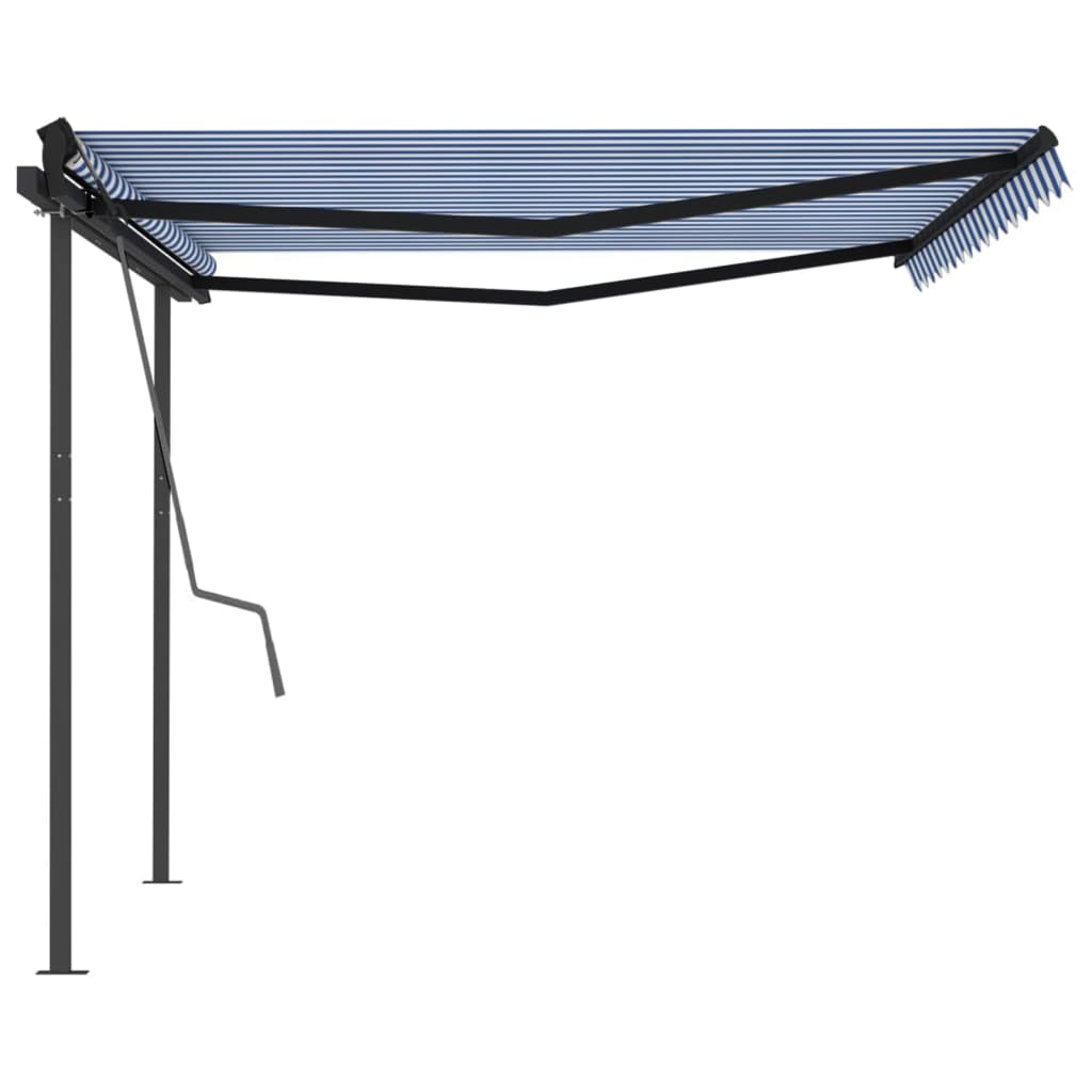 Manual retractable awning with poles 4x3 m Blue and white