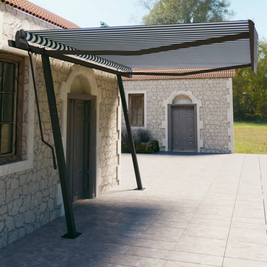 Automatic retractable awning and posts 4.5x3 m Blue and white