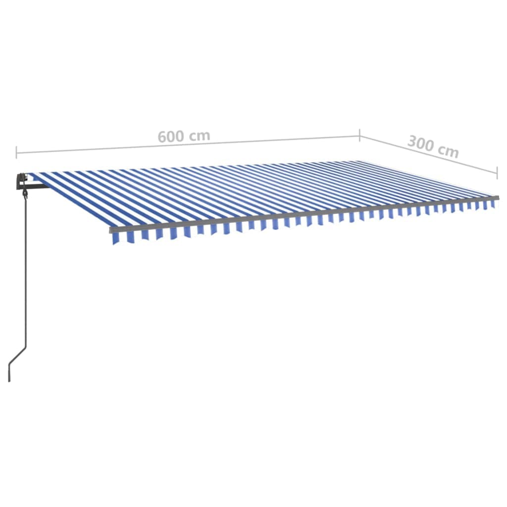 Manual retractable awning with poles 6x3 m Blue and white