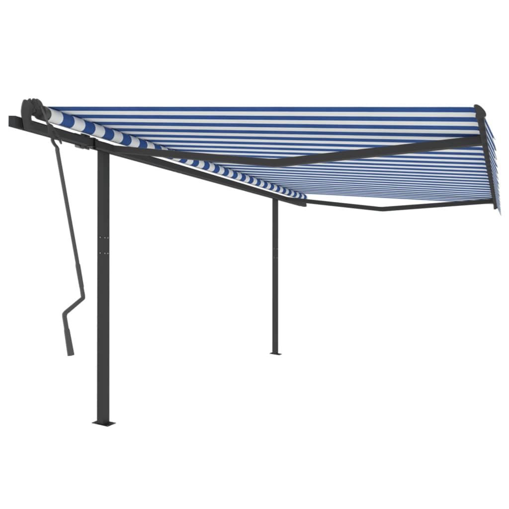 Manual retractable awning with poles 4x3.5 m Blue and white