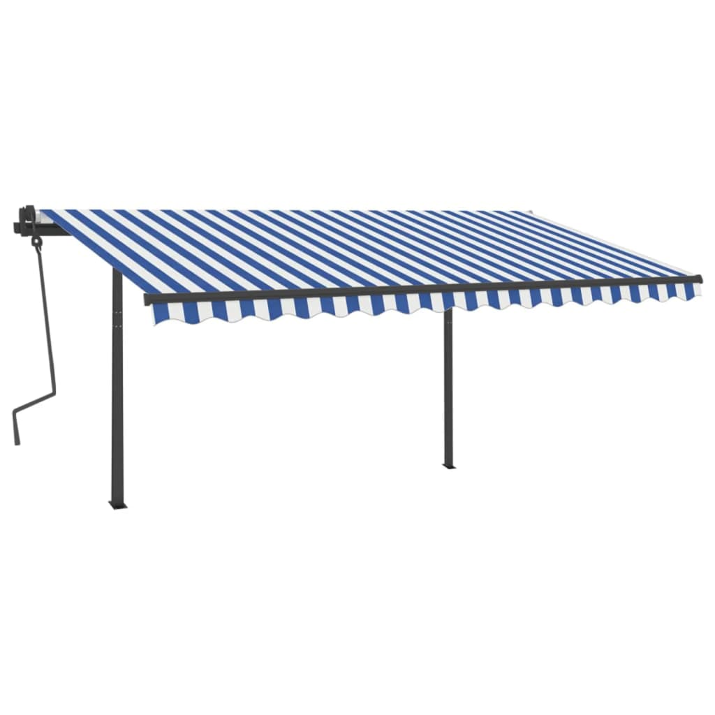 Manual retractable awning with poles 4x3.5 m Blue and white