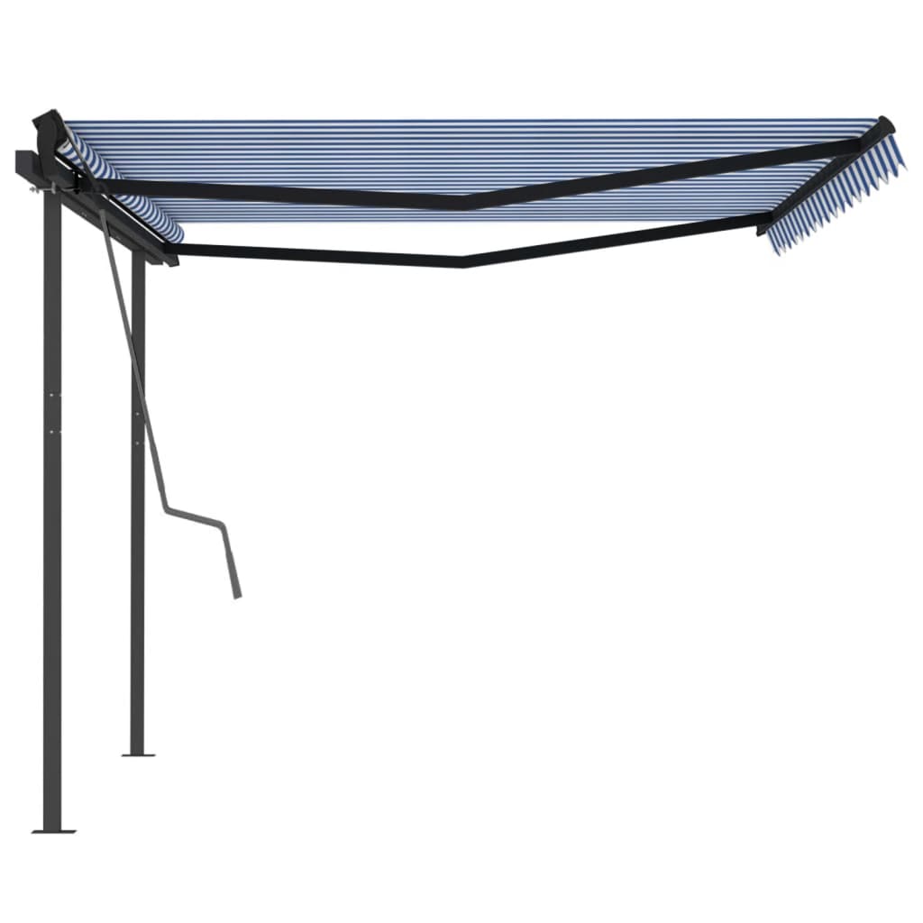 Manual retractable awning with poles 4x3.5 m Blue and white