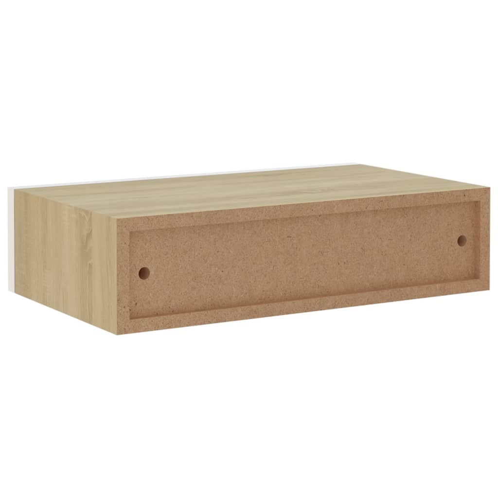 Étagère à tiroir murale chêne et blanc 40x23,5x10 cm MDF