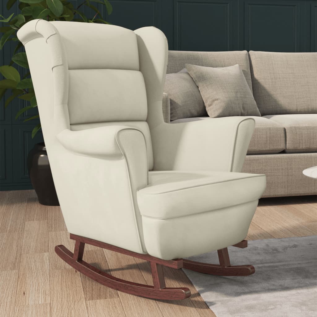 Fauteuil à bascule pieds en bois massif d'hévéa Crème Velours