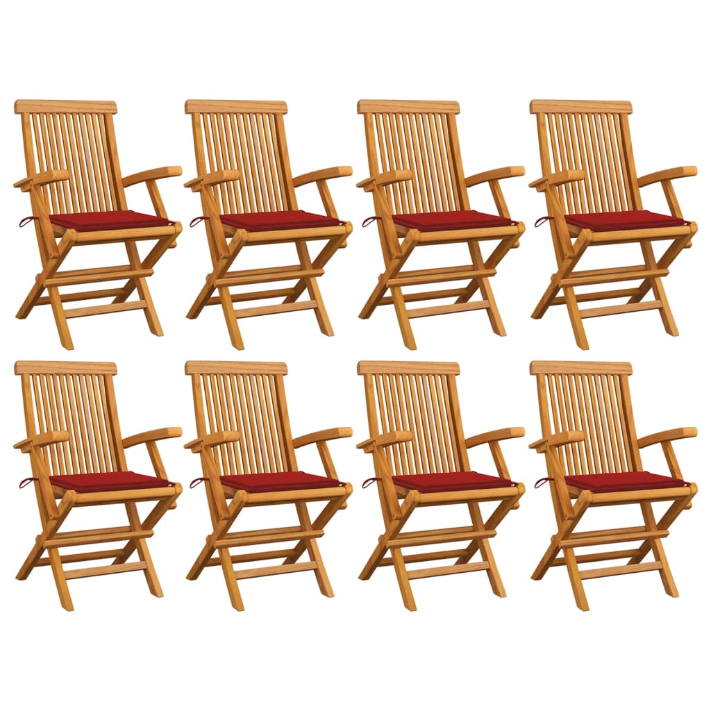 Chaises de jardin avec coussins rouge lot de 8 Teck massif