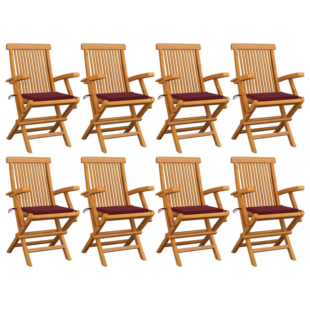 Chaises de jardin avec coussins bordeaux lot de 8 Teck massif