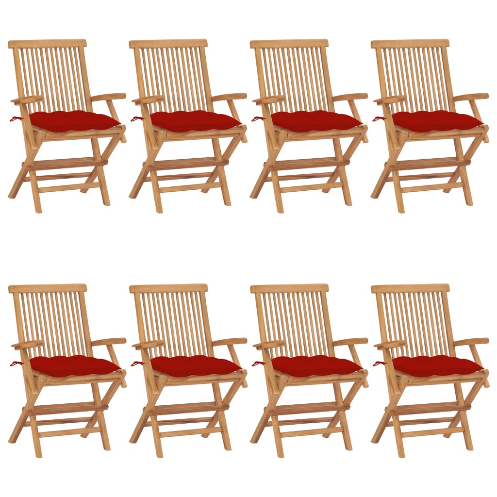 Chaises de jardin avec coussins rouge lot de 8 Bois teck massif