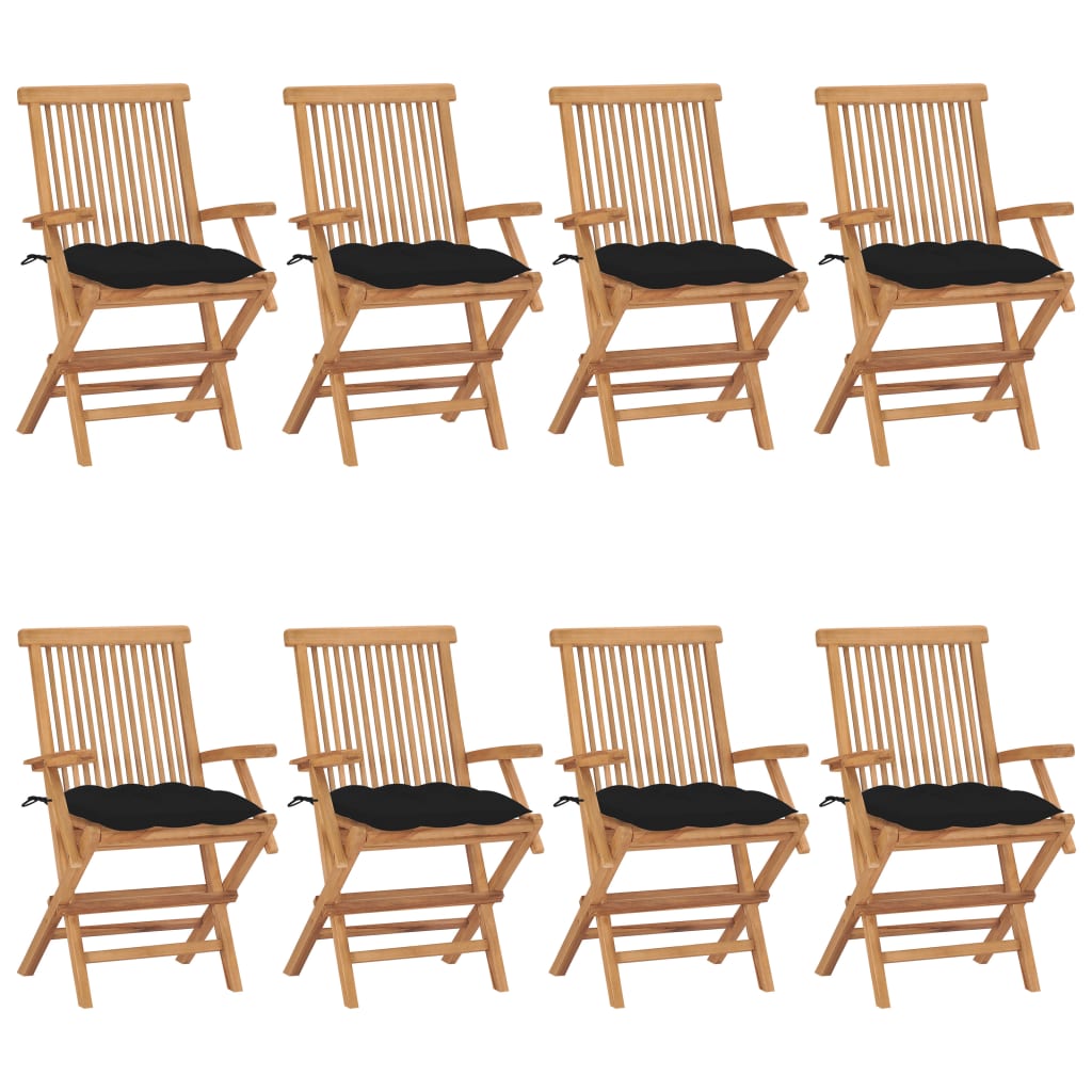 Chaises de jardin avec coussins noir lot de 8 Bois teck massif