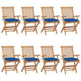 Chaises de jardin avec coussins bleu lot de 8 Bois teck massif