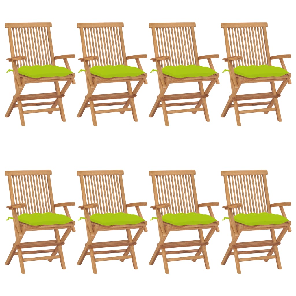 Chaises de jardin avec coussins vert vif lot de 8 Teck massif