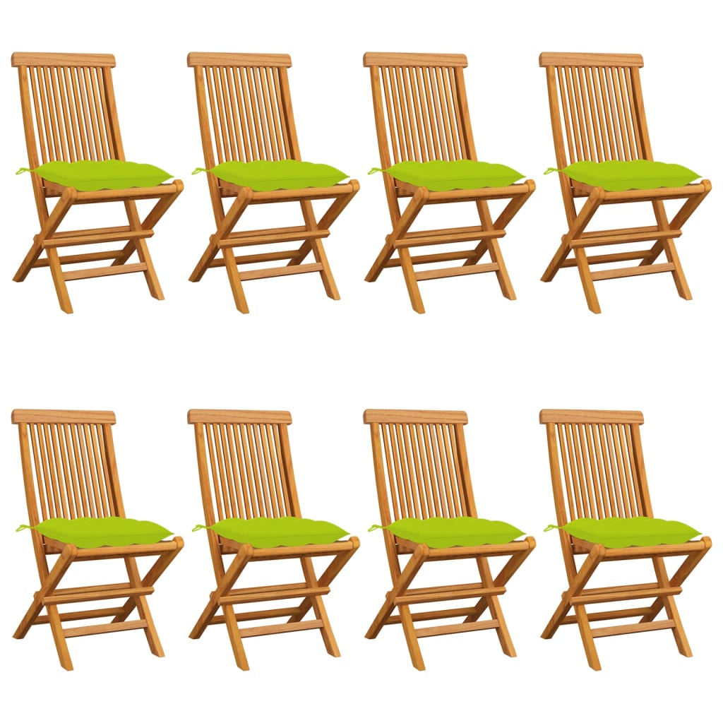 Chaises de jardin avec coussins vert vif lot de 8 Teck massif