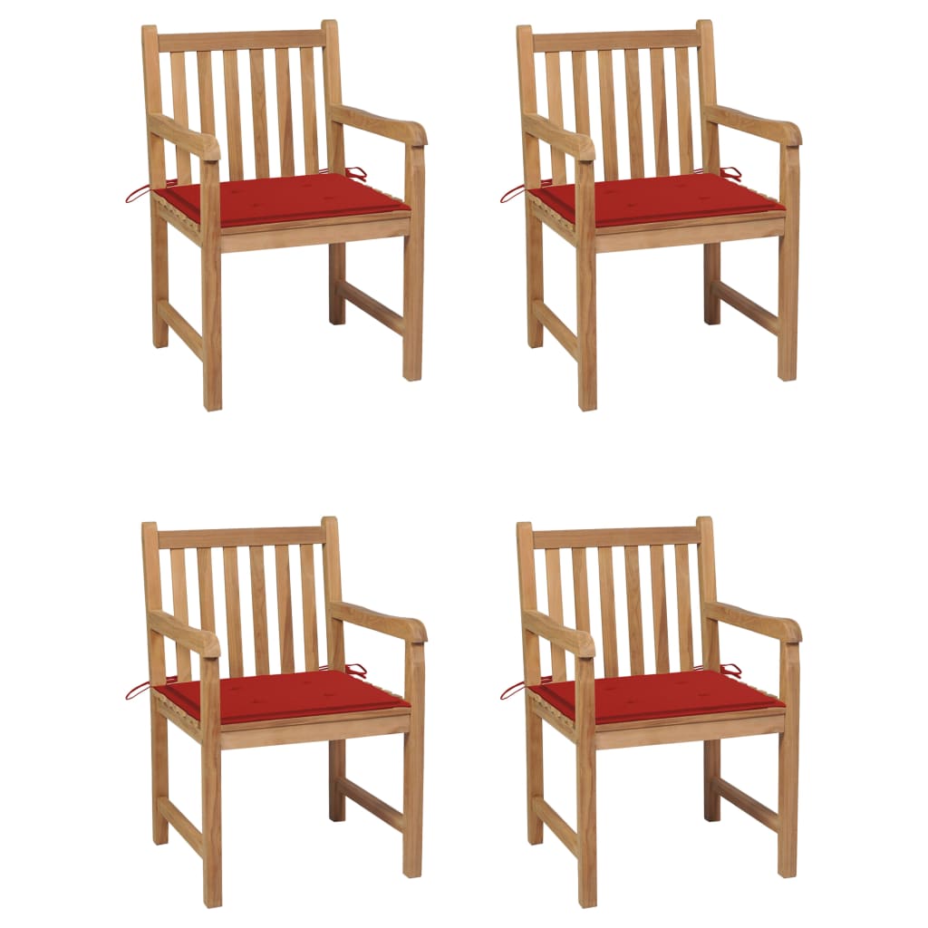 Chaises de jardin lot de 4 et coussins rouge bois teck solide