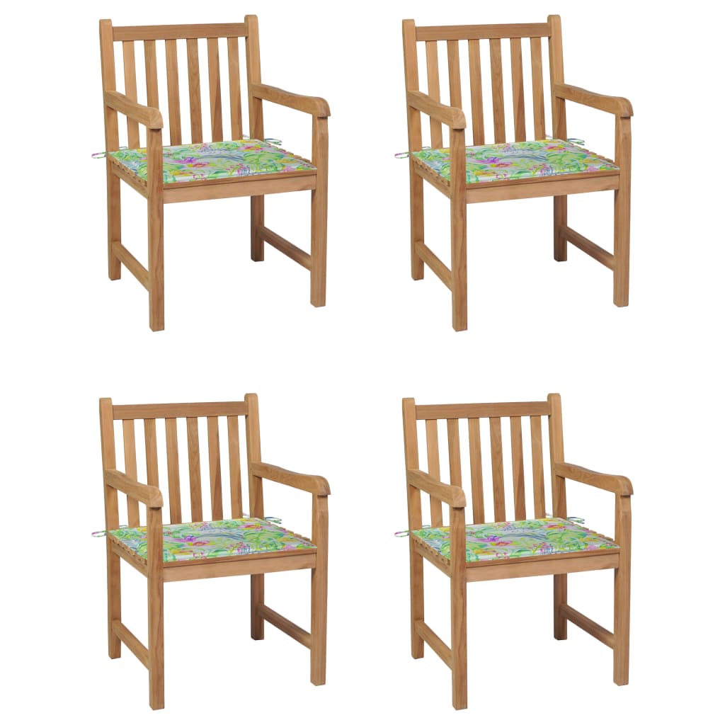 Chaises de jardin lot de 4 avec coussins motif feuilles Teck