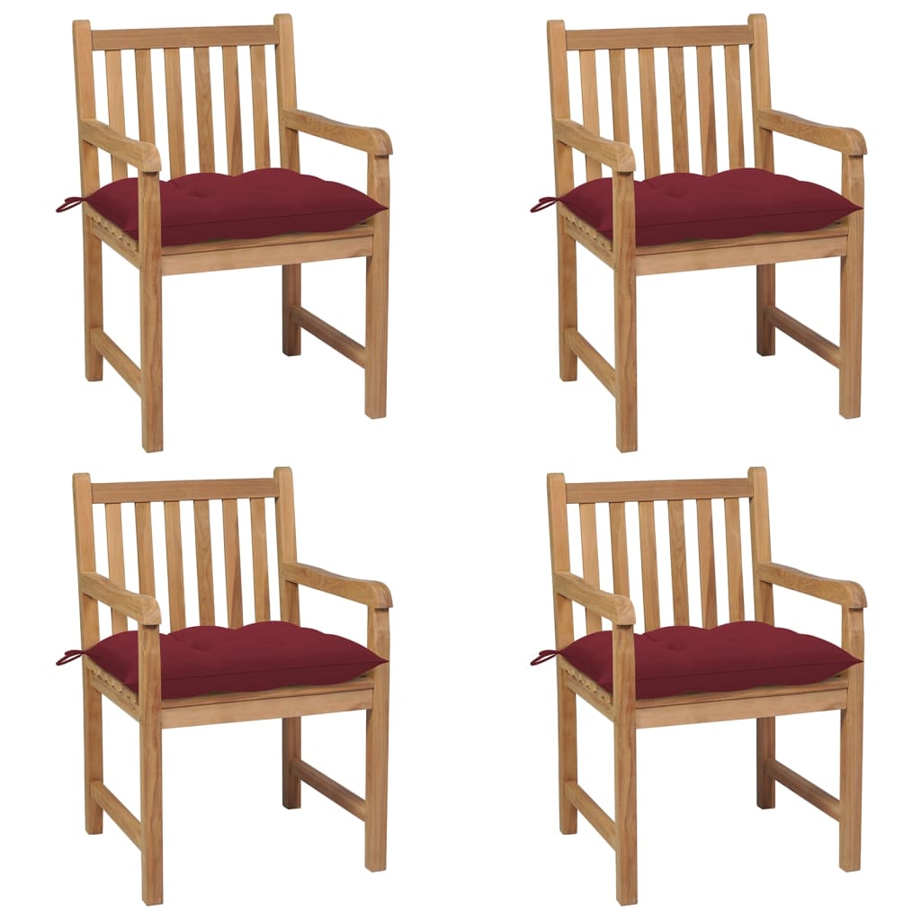 Chaises de jardin lot de 4 avec coussins bordeaux Teck solide