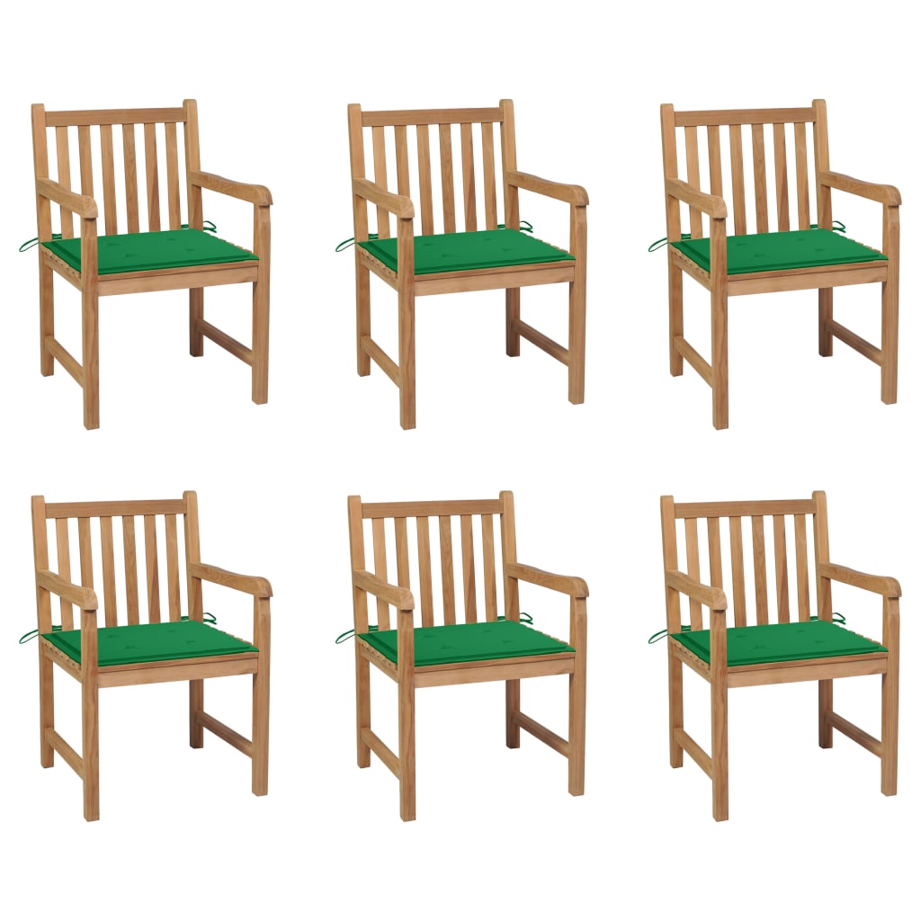 Chaises de jardin lot de 6 et coussins vert Bois de teck massif