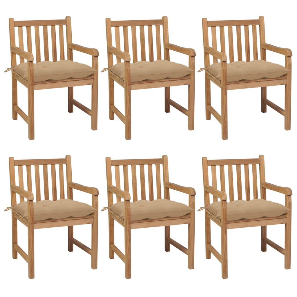 Chaises de jardin lot de 6 et coussins beige bois teck solide