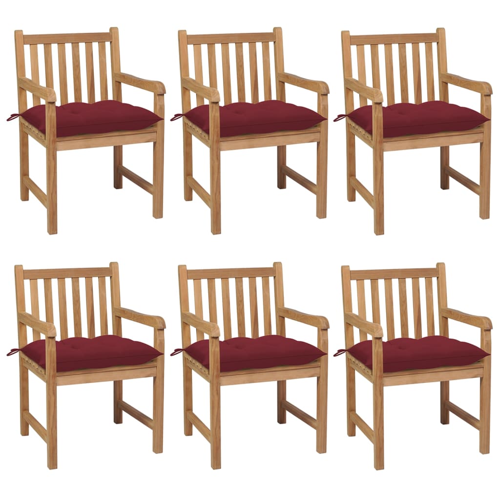 Chaises de jardin lot de 6 avec coussins bordeaux Teck solide