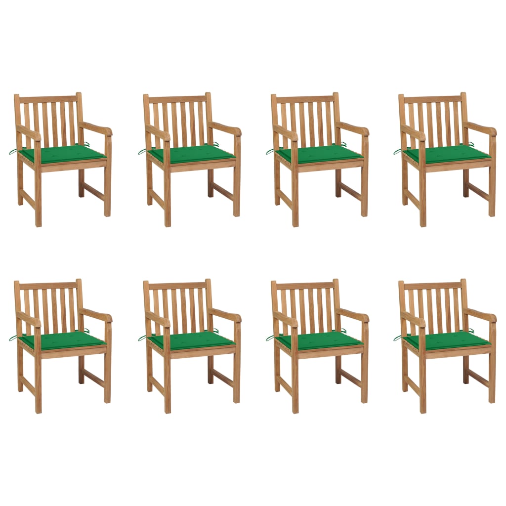 Chaises de jardin lot de 8 avec coussins vert Bois teck massif