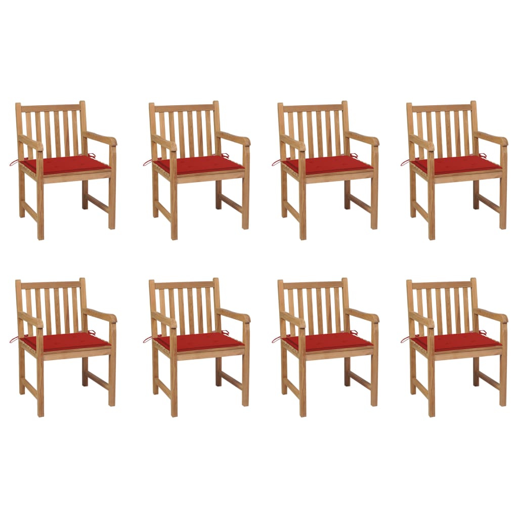 Chaises de jardin lot de 8 avec coussins rouge Bois teck massif