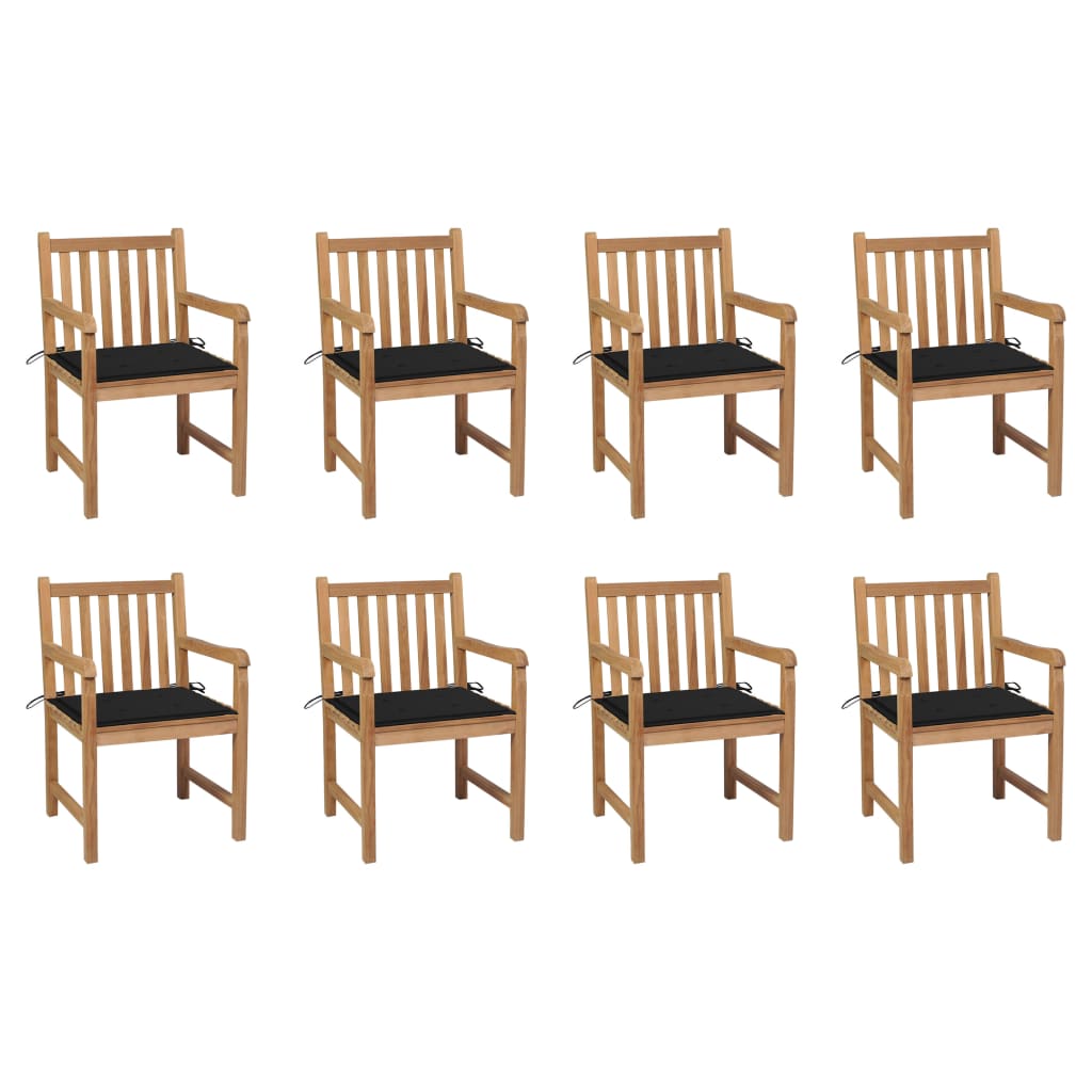 Chaises de jardin lot de 8 avec coussins noir Bois teck massif