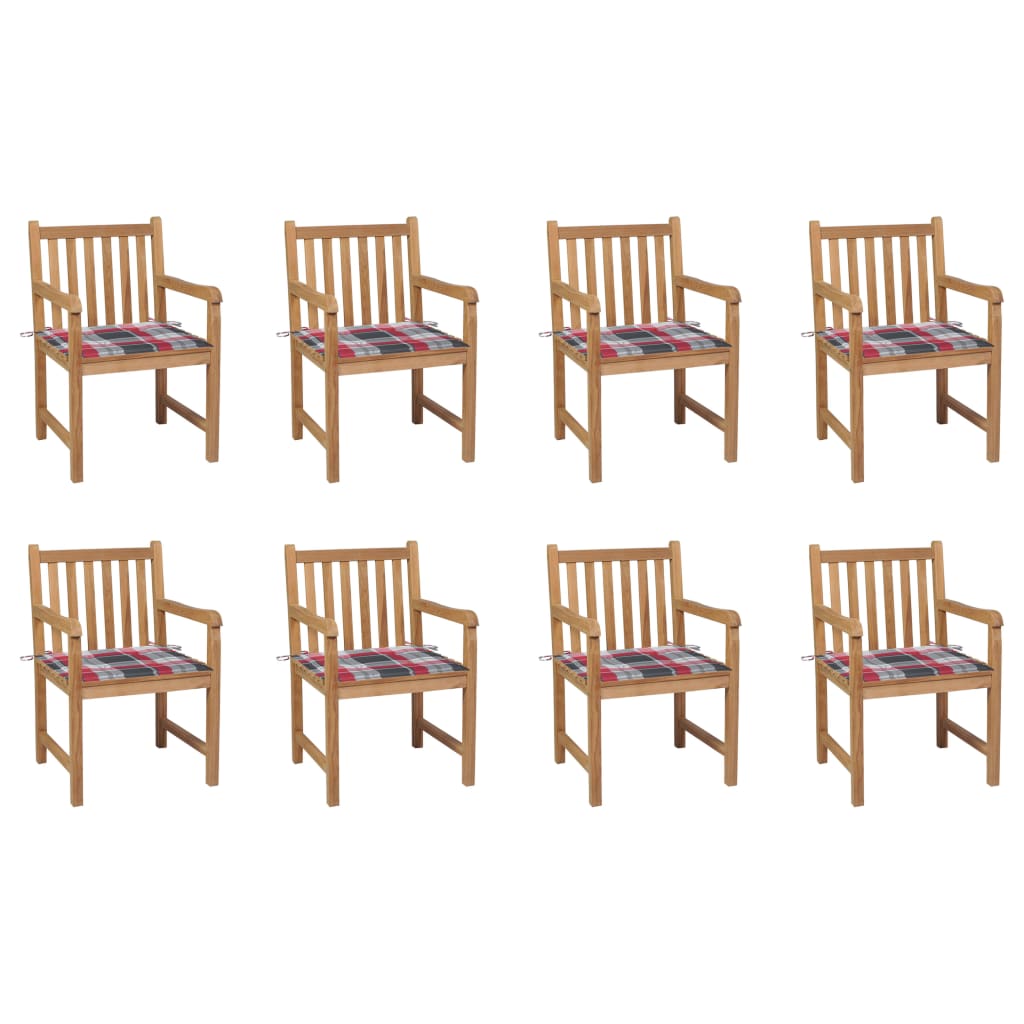 Chaises de jardin lot de 8 et coussins carreaux rouge Bois teck