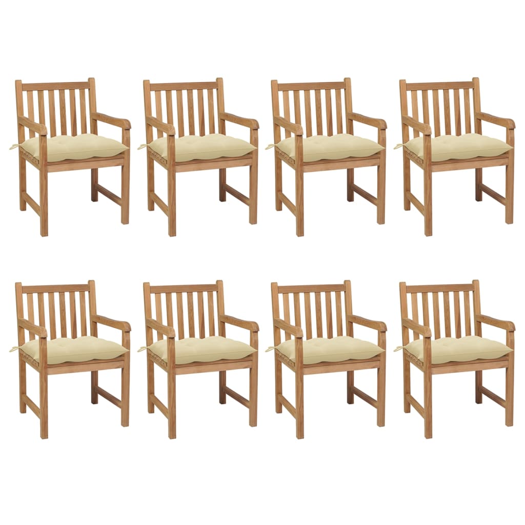 Chaises de jardin lot de 8 et coussins blanc crème Teck solide