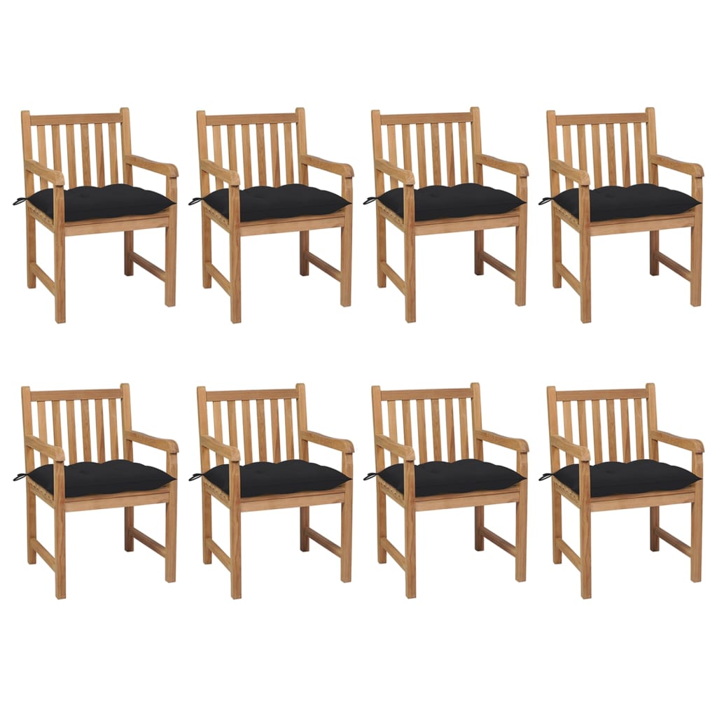 Chaises de jardin lot de 8 avec coussins noir Bois teck solide