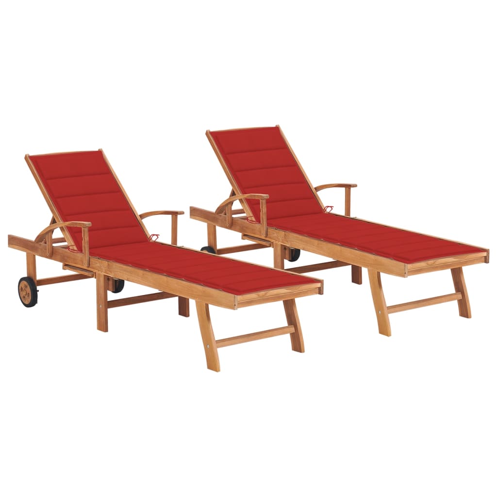 Chaises longues lot de 2 avec coussin rouge Bois de teck solide