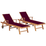 Chaises longues lot de 2 et coussin rouge bordeaux Teck solide