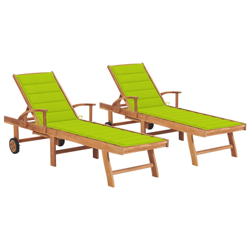 Chaises longues lot de 2 et coussin vert vif Bois teck solide