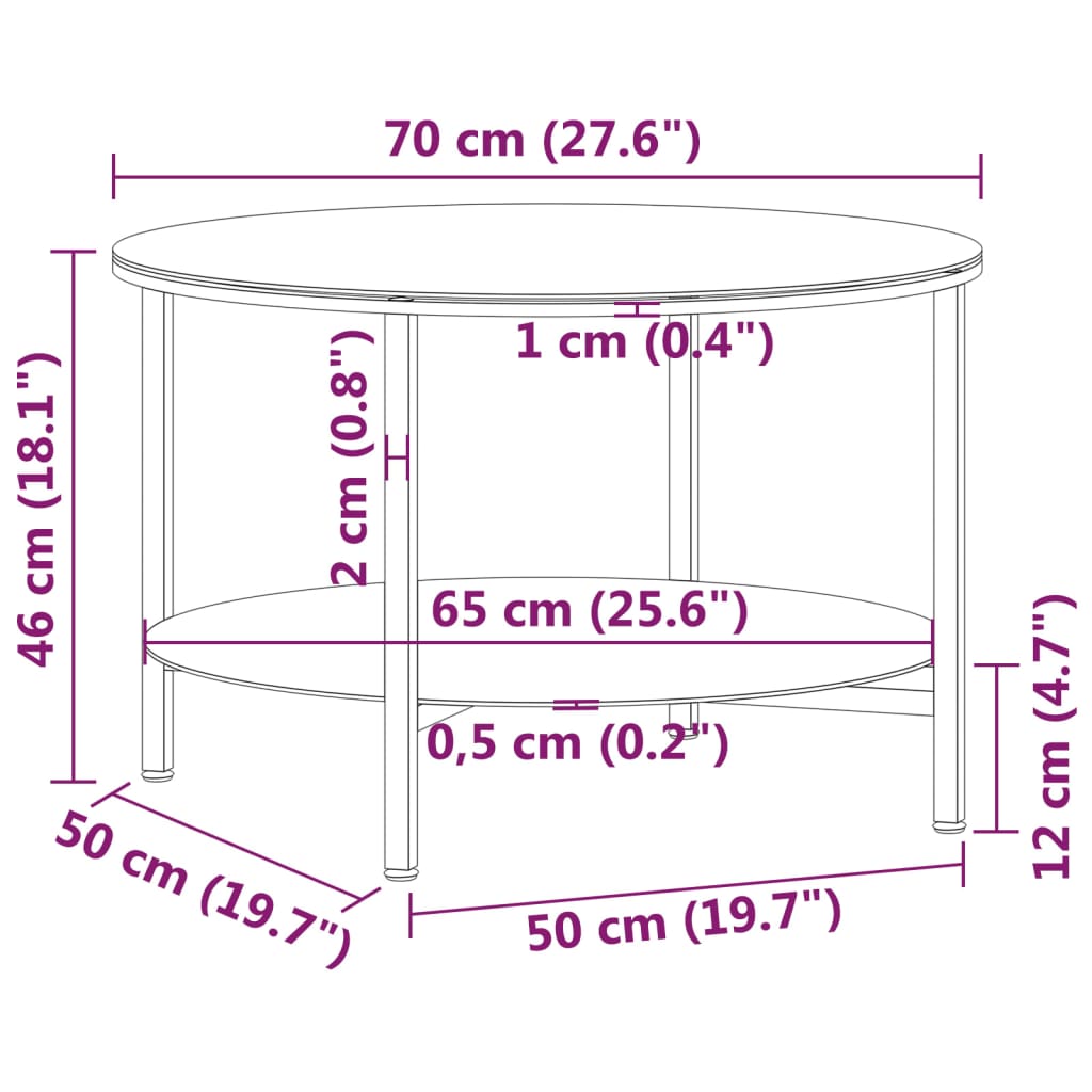 Teetisch Schwarz und transparent 70 cm gehärtetes Glas