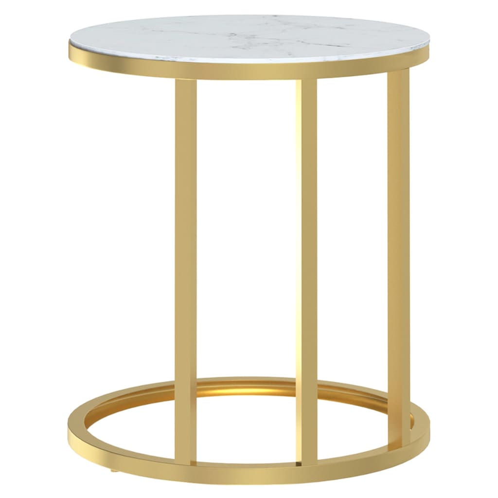 Table d'appoint Doré et marbre blanc 45 cm Verre trempé