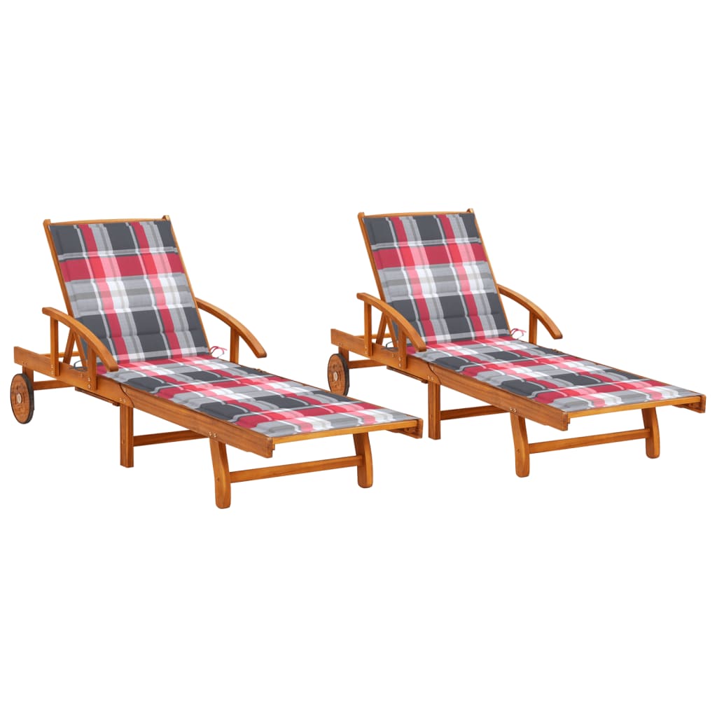 Chaise Longues Set of 2 with Cushions Solid Acacia Wood