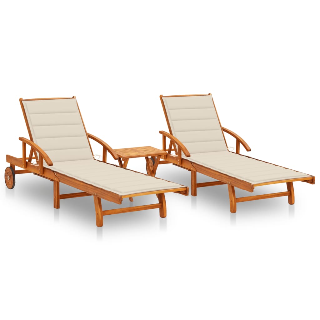 Deckchairs set of 2 with table and cushions Solid Acacia