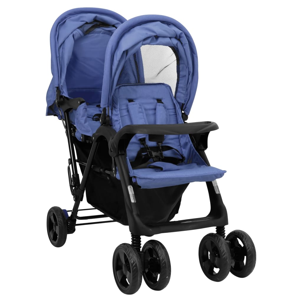 Navy Blue Steel Double Stroller