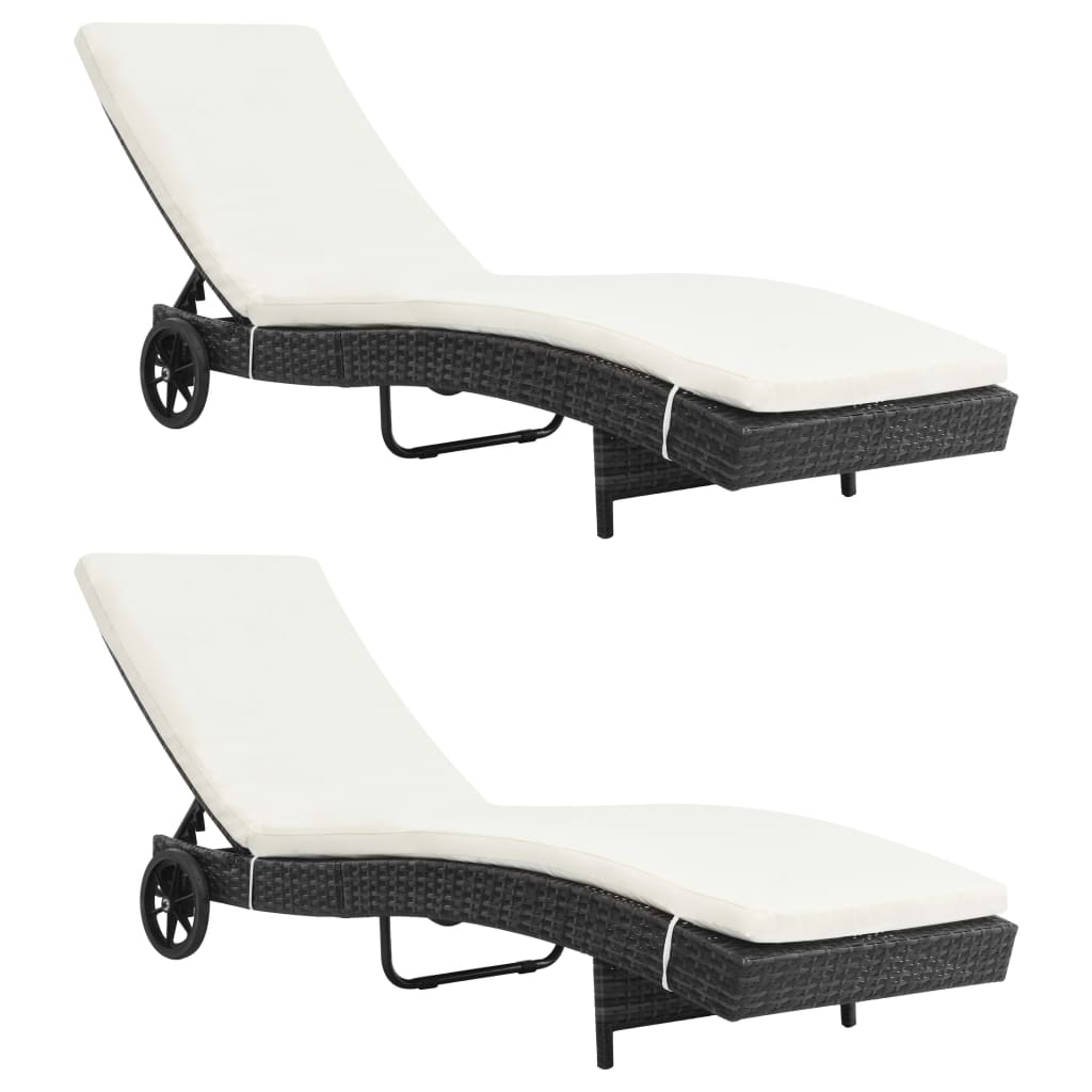 Chaises longues lot de 2 avec roues et coussins Résine tressée