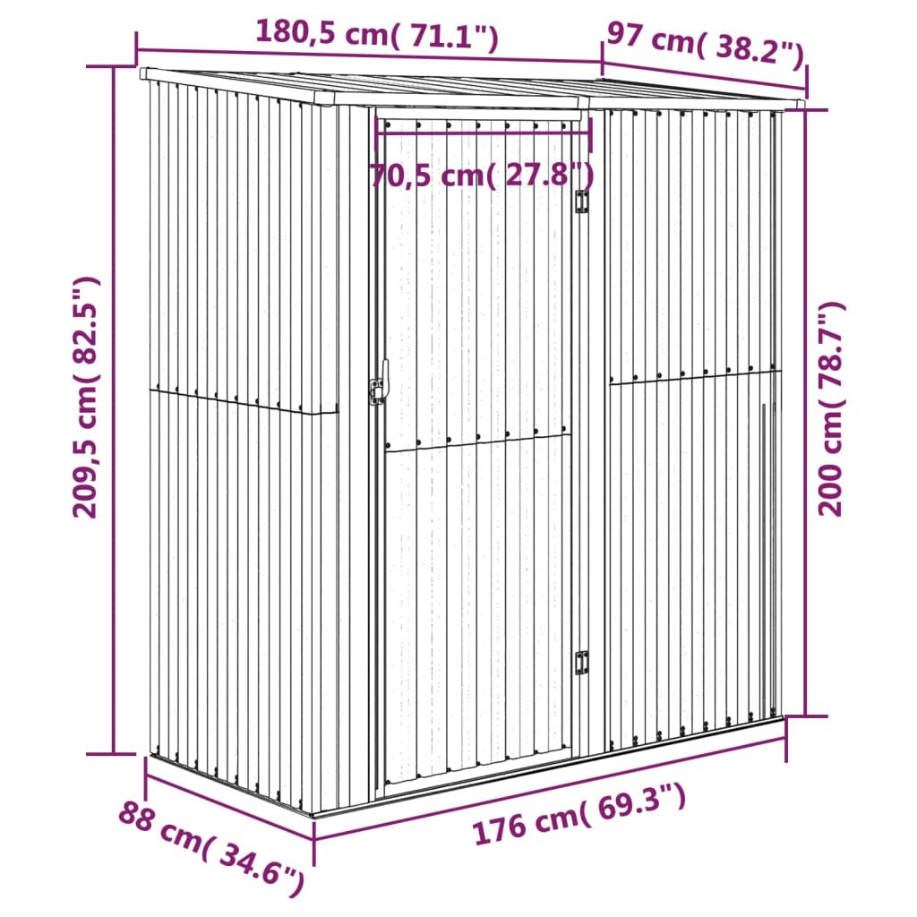 Abri de jardin 180,5x97x209,5 cm acier galvanisé aspect bois