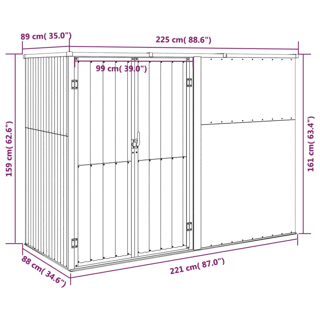 Abri à outils de jardin anthracite 225x89x161cm acier galvanisé