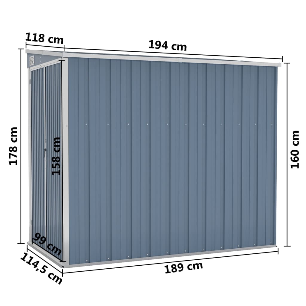 Abri de jardin mural Gris 118x194x178 cm Acier galvanisé