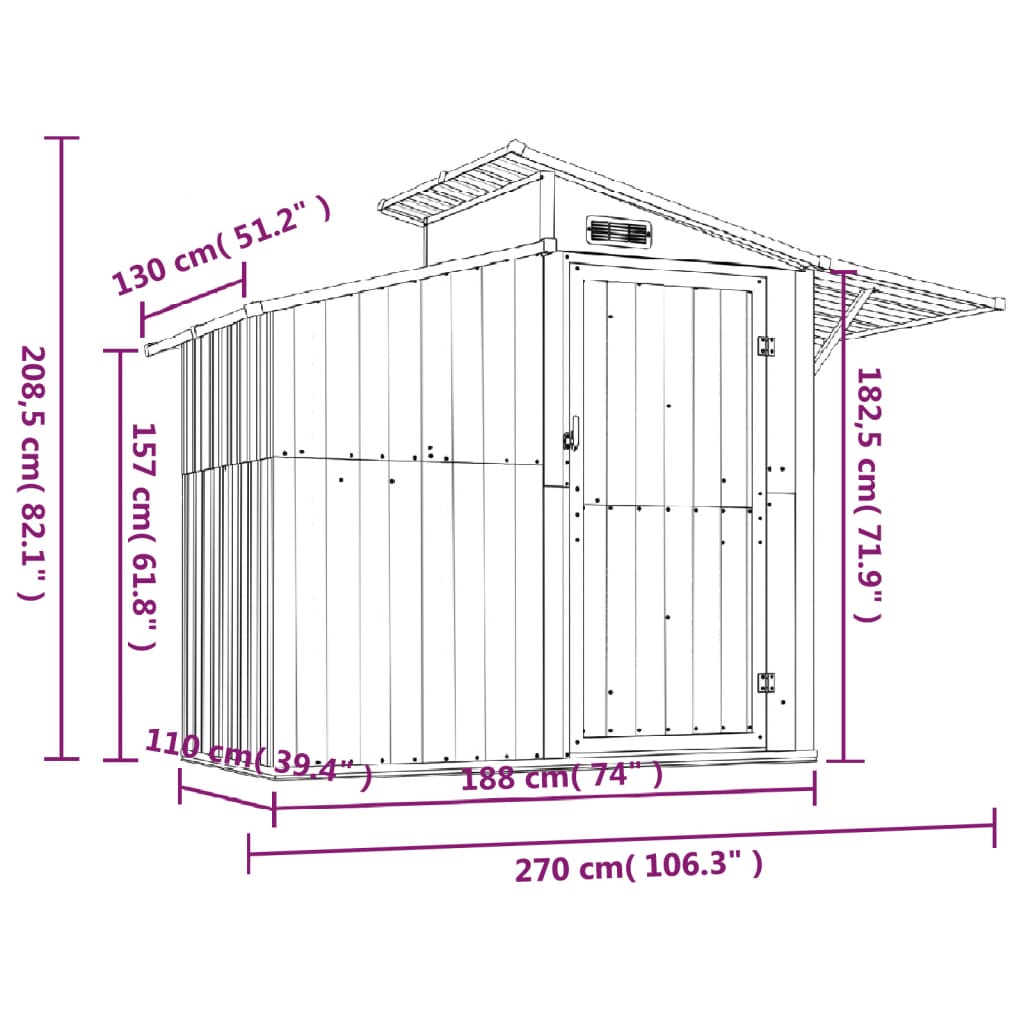 Abri de jardin Gris 270x130x208,5 cm Acier galvanisé