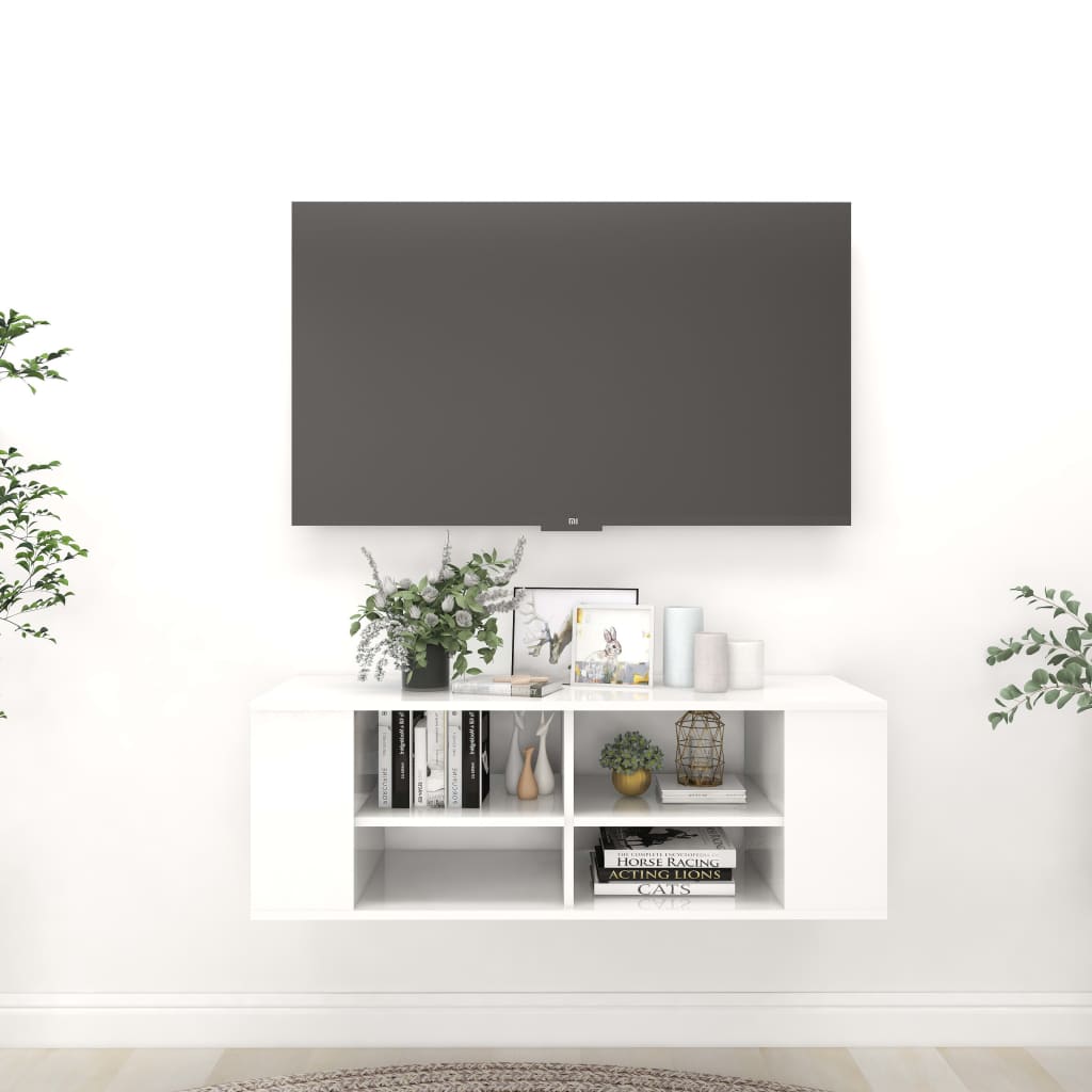 Meuble TV mural Blanc brillant 102x35x35 cm Bois d’ingénierie