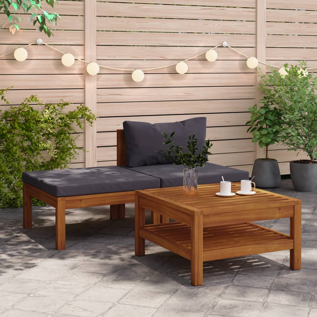 Salon de jardin 3 pcs avec coussins gris foncé Bois d'acacia