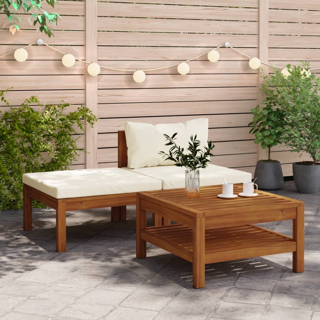 Salon de jardin 3 pcs avec coussins blanc crème Bois d'acacia